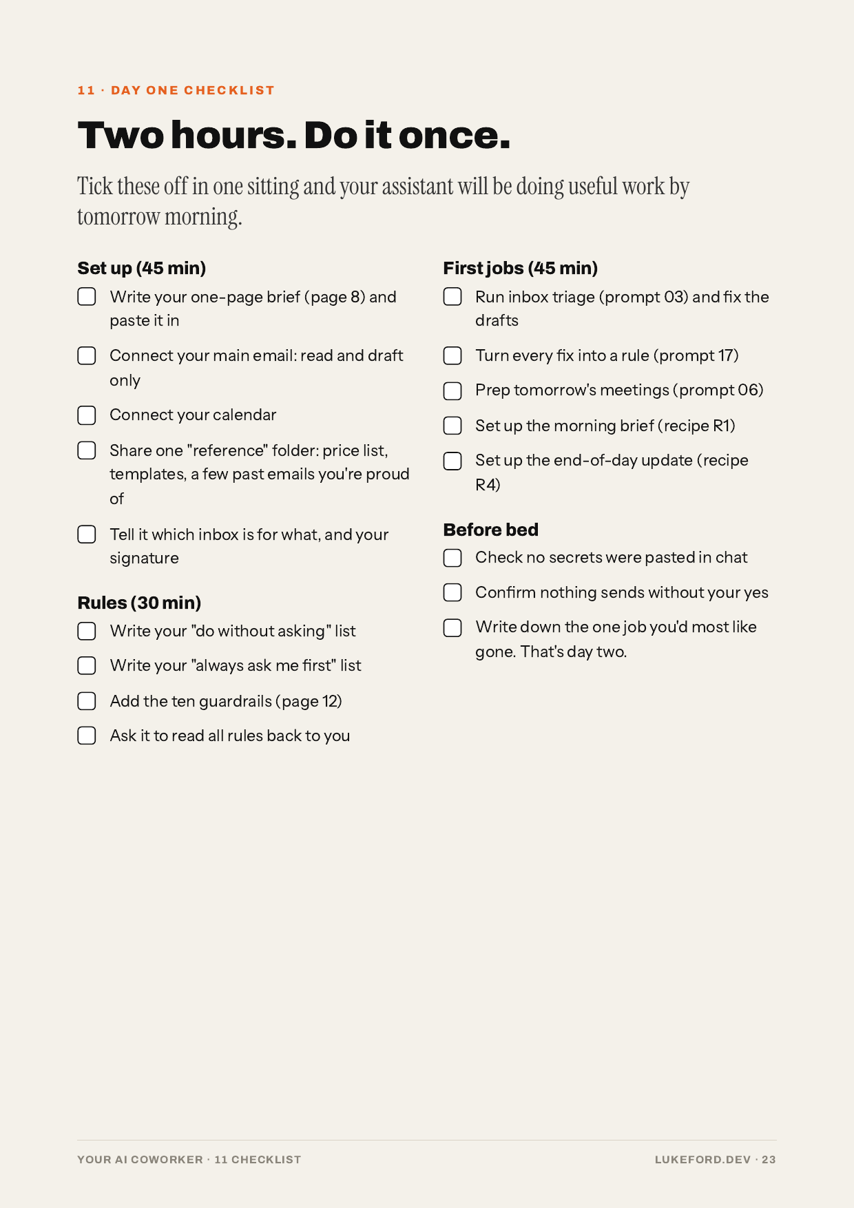 Page 23 of the guide: Day One checklist